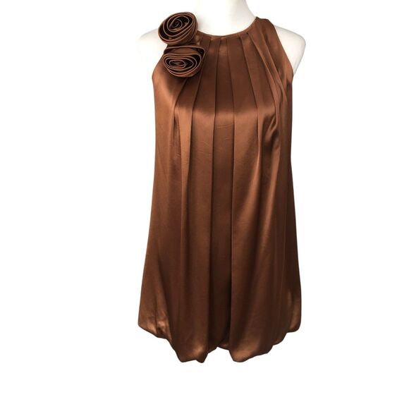 A.B.S. Brown Satin Sleeveless Bubble Hem Cocktail 3D Flower Neck Mini Dress Sz 0 - Picture 1 of 15